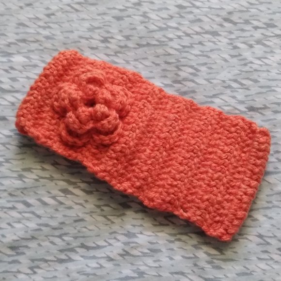 Handmade Crochet Orange Headband w/ Crochet Flower for Girls - Picture 2 of 4